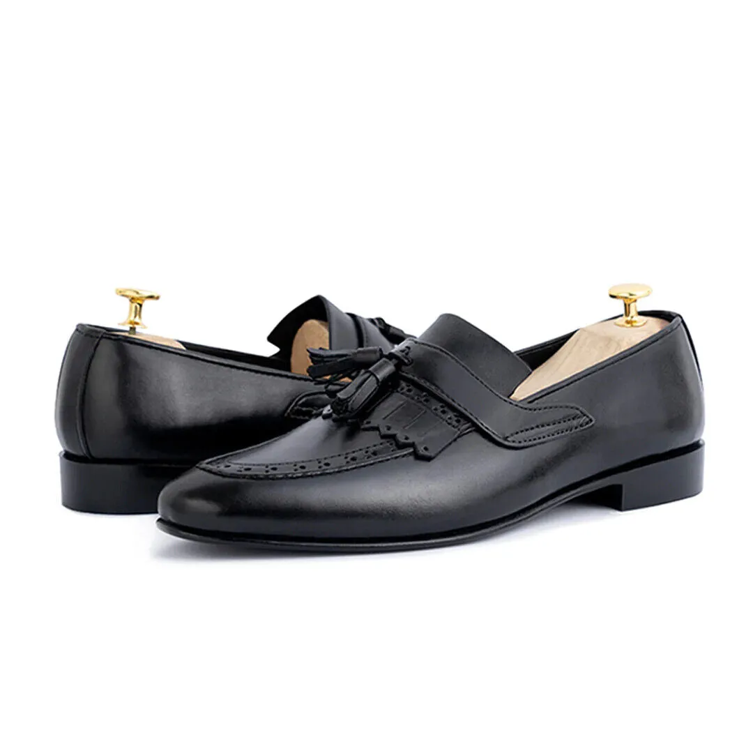 Handmade Black Leather Fringe Tassel Loafers for Men