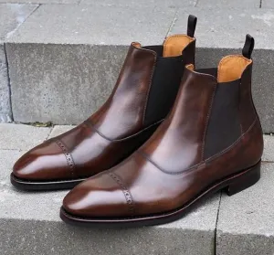 Handmade Brown Leather Chelsea Boots for Men