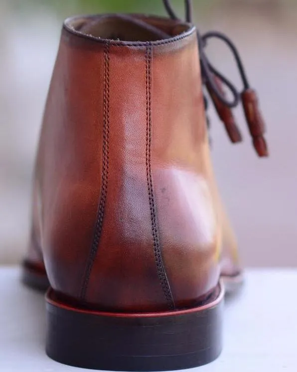 Handmade Brown Leather Lace-Up Chukka Boots for Men