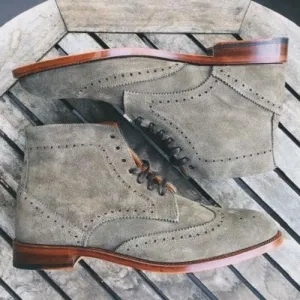Handmade Gray Suede Wingtip Brogue Chukka Boots for Men
