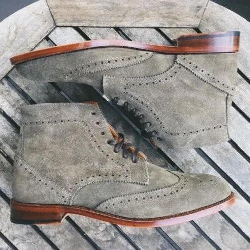Handmade Gray Suede Wingtip Brogue Chukka Boots for Men