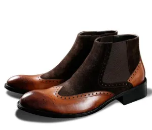 Handmade Two-Tone Chelsea Boots for Men in Brown Leather and Suede