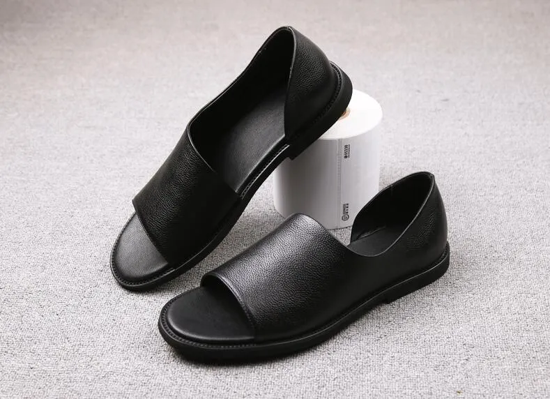 High Quality Summer Men's Sandals Fisherman Genuine Leather Shallow Slip-On Seaside Casual Shoes Male Black Peep Toe Flats