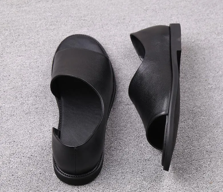 High Quality Summer Men's Sandals Fisherman Genuine Leather Shallow Slip-On Seaside Casual Shoes Male Black Peep Toe Flats