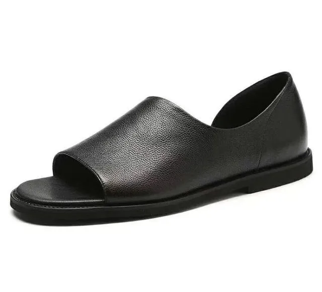High Quality Summer Men's Sandals Fisherman Genuine Leather Shallow Slip-On Seaside Casual Shoes Male Black Peep Toe Flats