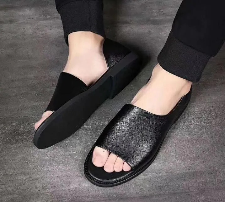 High Quality Summer Men's Sandals Fisherman Genuine Leather Shallow Slip-On Seaside Casual Shoes Male Black Peep Toe Flats