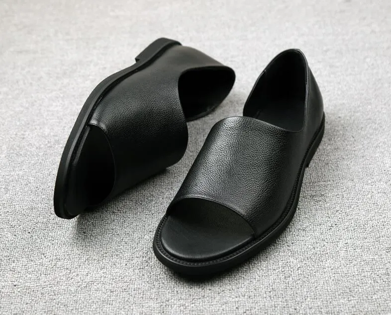 High Quality Summer Men's Sandals Fisherman Genuine Leather Shallow Slip-On Seaside Casual Shoes Male Black Peep Toe Flats