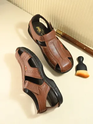 Hitz Men's Tan Leather Comfort Sandals with Velcro Closure