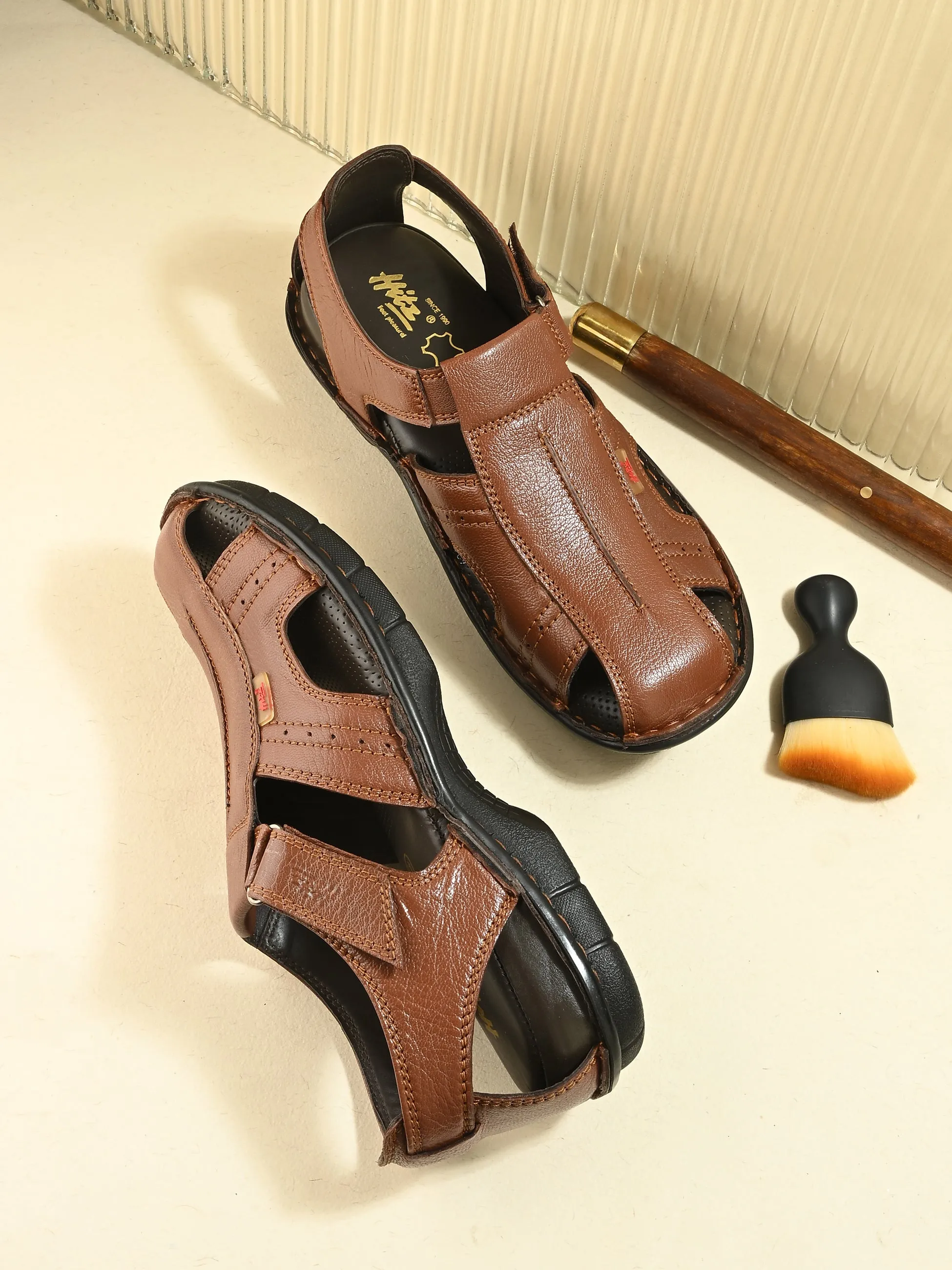 Hitz Men's Tan Leather Comfort Sandals with Velcro Closure