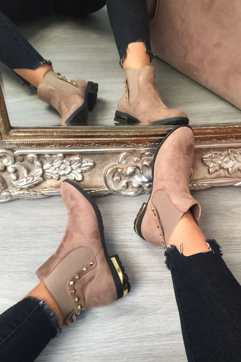 Khaki Studded Faux Suede Ankle Boots - Pearson