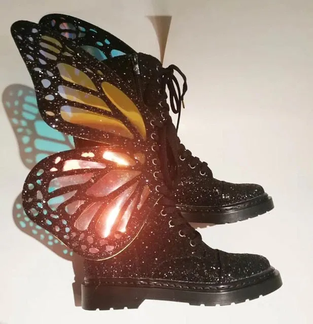 Ladies Short Boots Silver Leather Flats Booties Butterfly