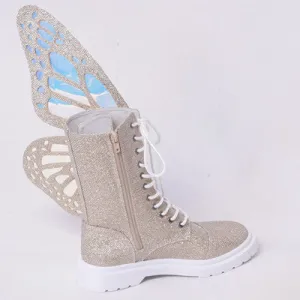 Ladies Short Boots Silver Leather Flats Booties Butterfly