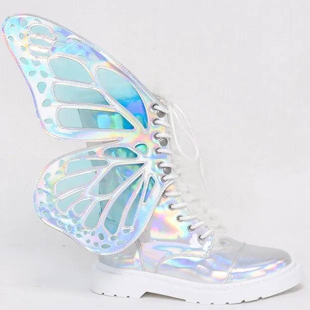 Ladies Short Boots Silver Leather Flats Booties Butterfly