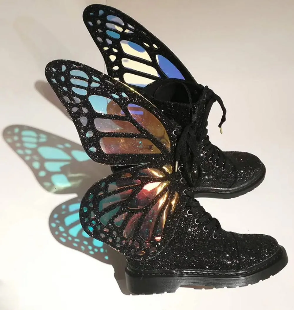 Ladies Short Boots Silver Leather Flats Booties Butterfly