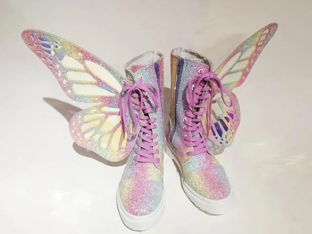 Ladies Short Boots Silver Leather Flats Booties Butterfly