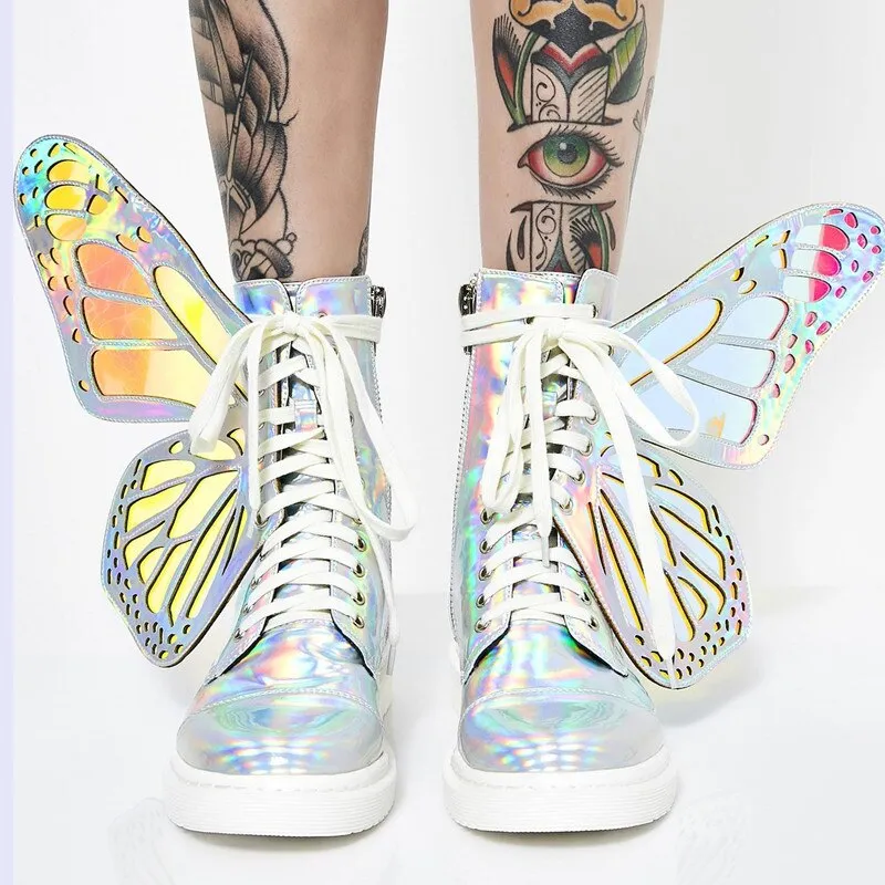 Ladies Short Boots Silver Leather Flats Booties Butterfly