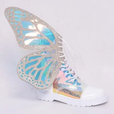 Ladies Short Boots Silver Leather Flats Booties Butterfly