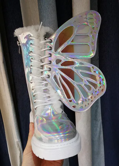 Ladies Short Boots Silver Leather Flats Booties Butterfly