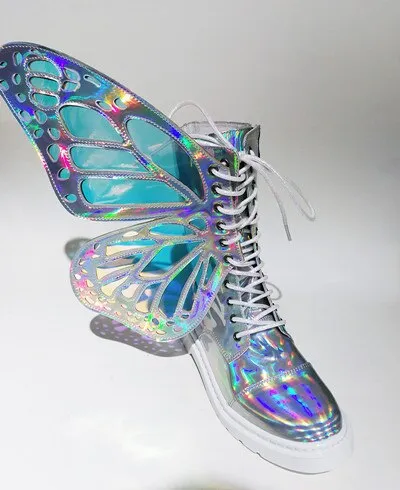 Ladies Short Boots Silver Leather Flats Booties Butterfly