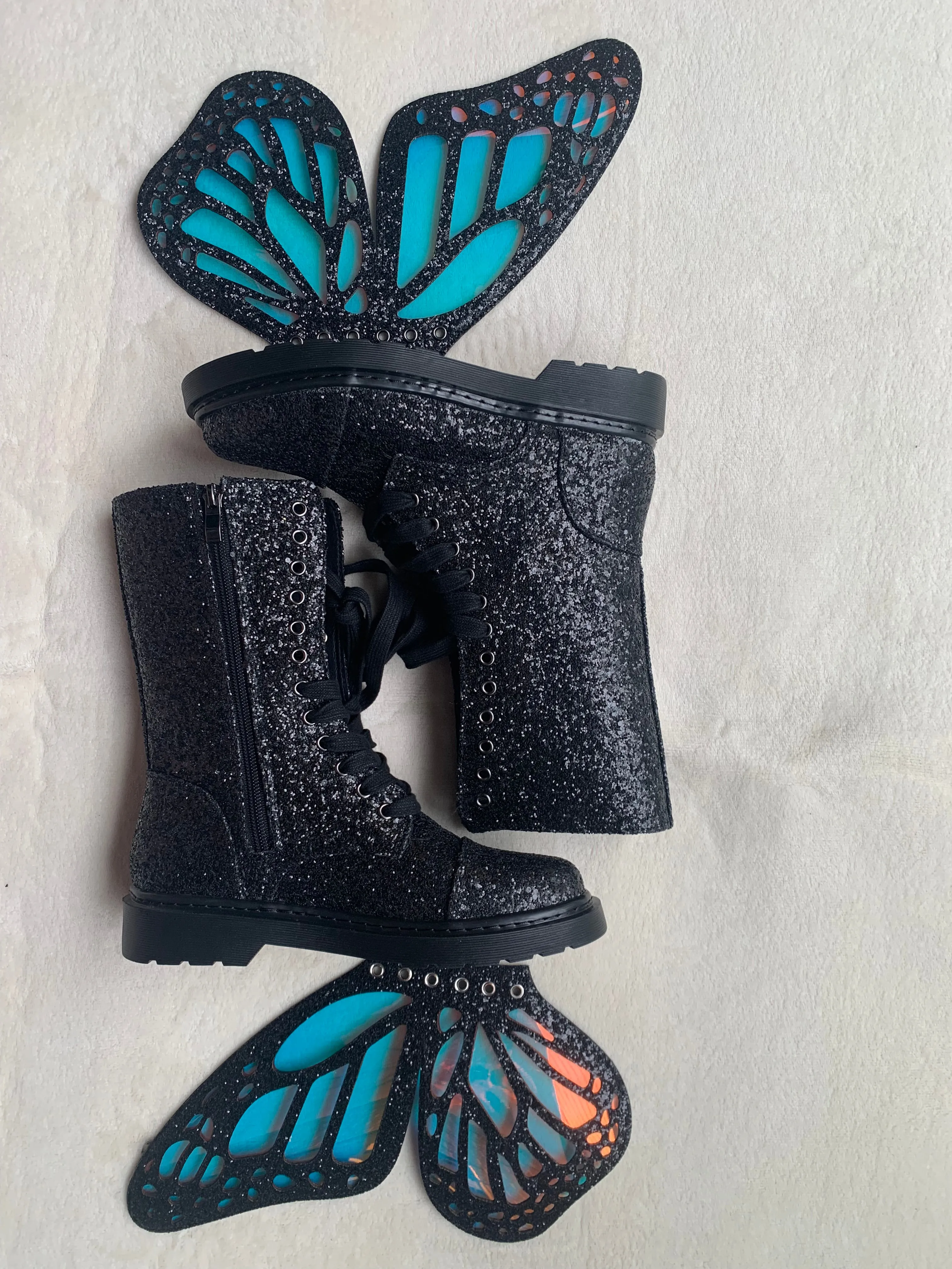 Ladies Short Boots Silver Leather Flats Booties Butterfly