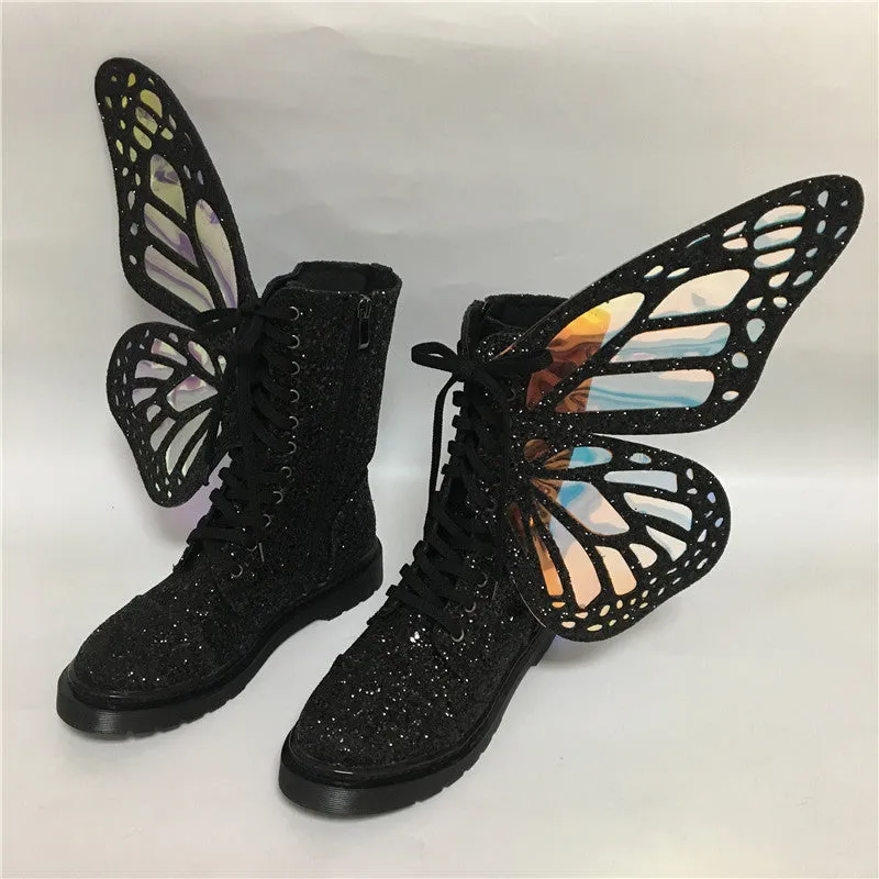 Ladies Short Boots Silver Leather Flats Booties Butterfly
