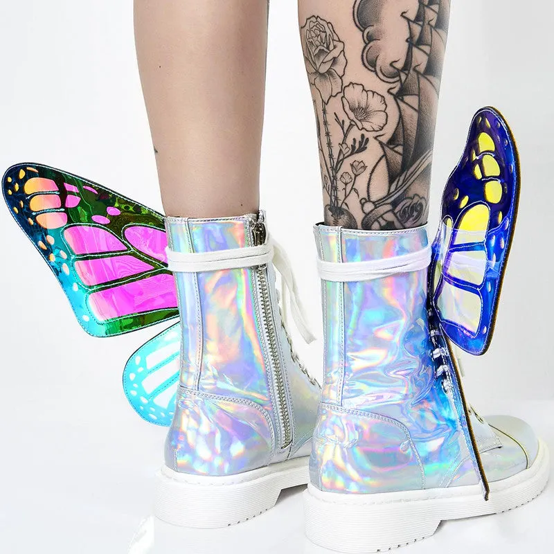 Ladies Short Boots Silver Leather Flats Booties Butterfly