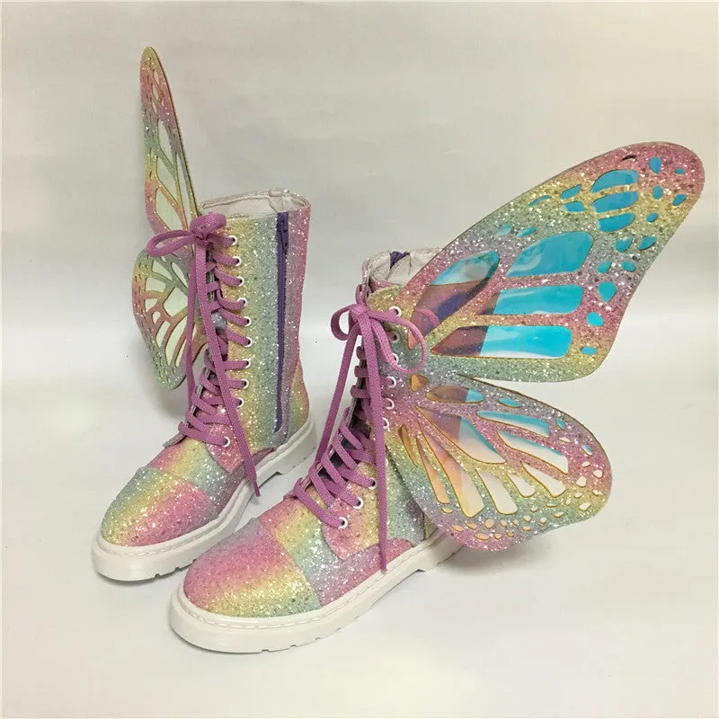 Ladies Short Boots Silver Leather Flats Booties Butterfly