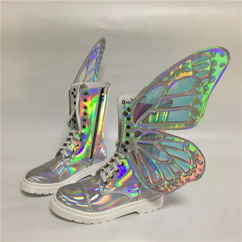 Ladies Short Boots Silver Leather Flats Booties Butterfly