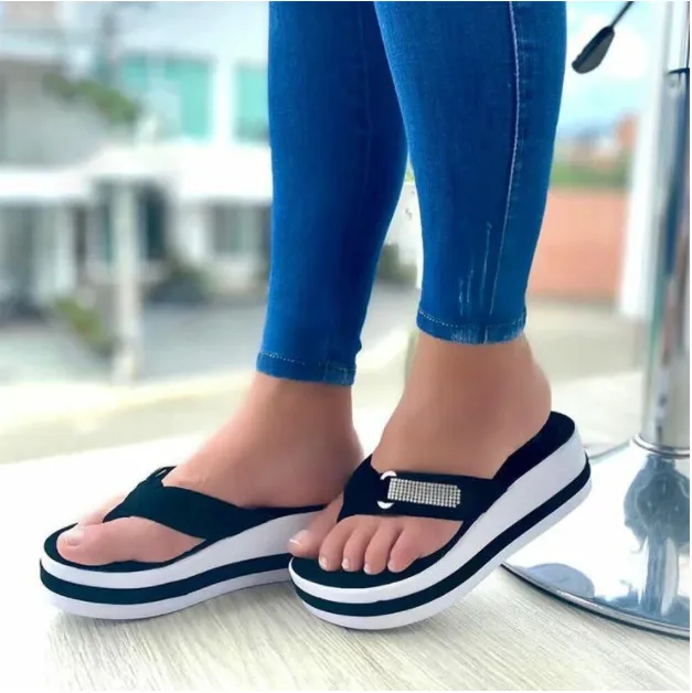 Large Size Platform Flip Flops With Rhinestones