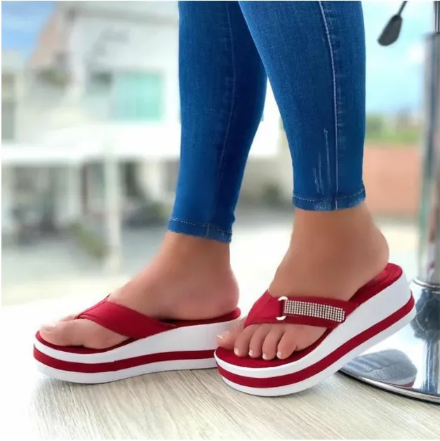 Large Size Platform Flip Flops With Rhinestones