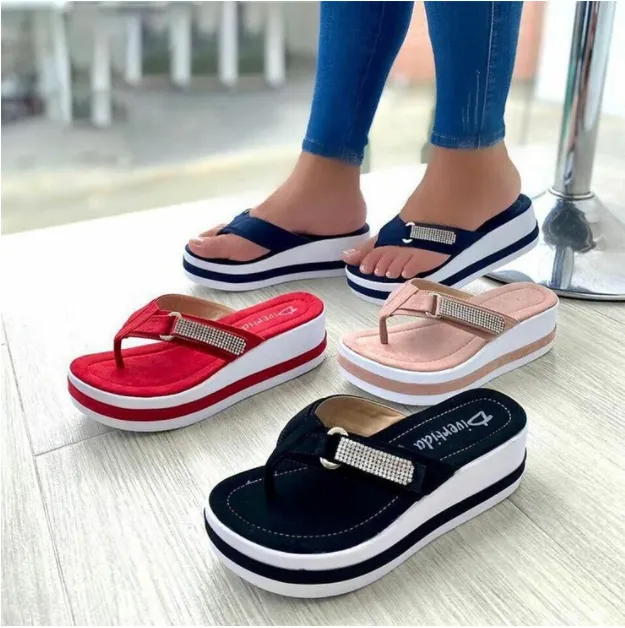 Large Size Platform Flip Flops With Rhinestones