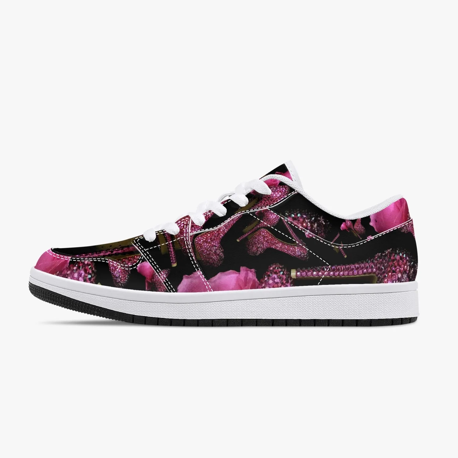 Low-Top Leather Sneakers - White/Black 'Pink crystals shoes'