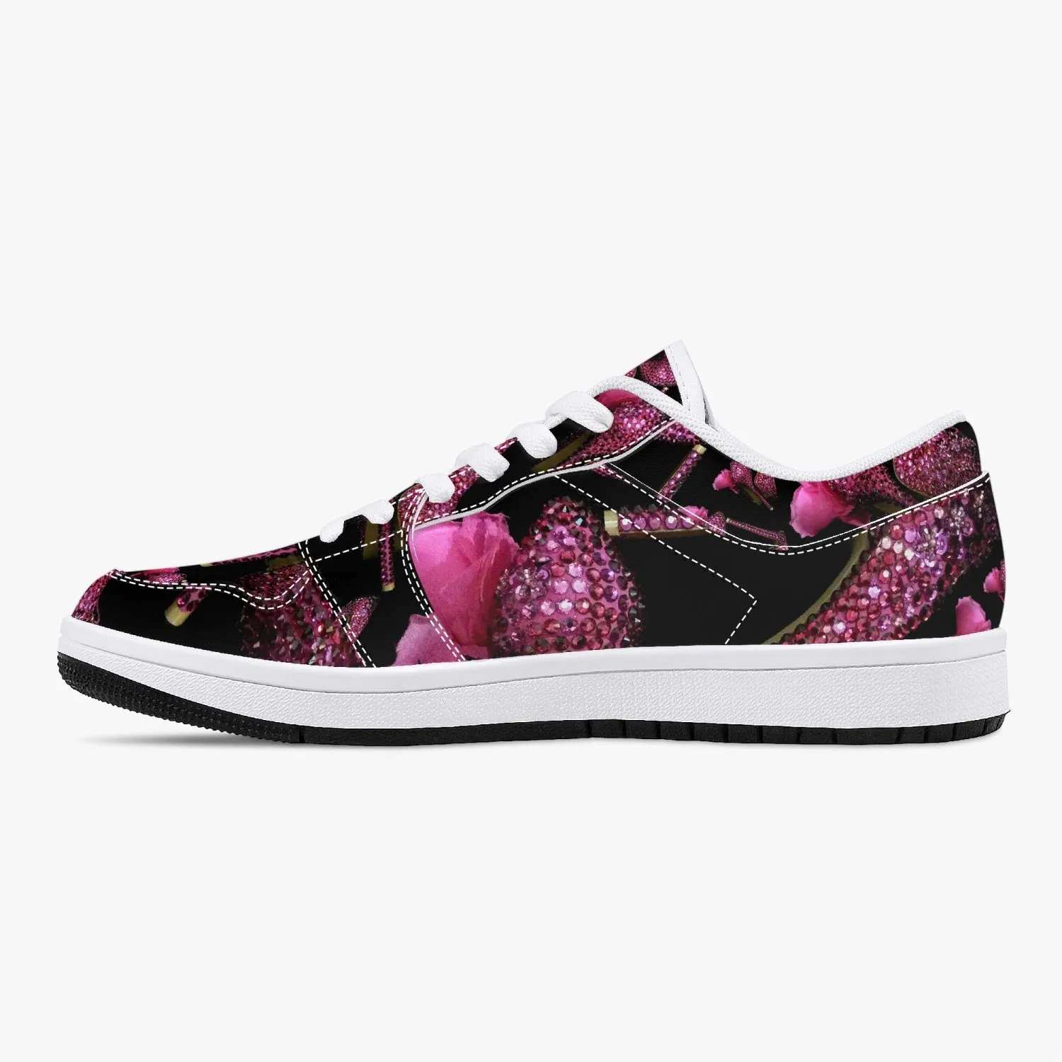 Low-Top Leather Sneakers - White/Black 'Pink crystals shoes'