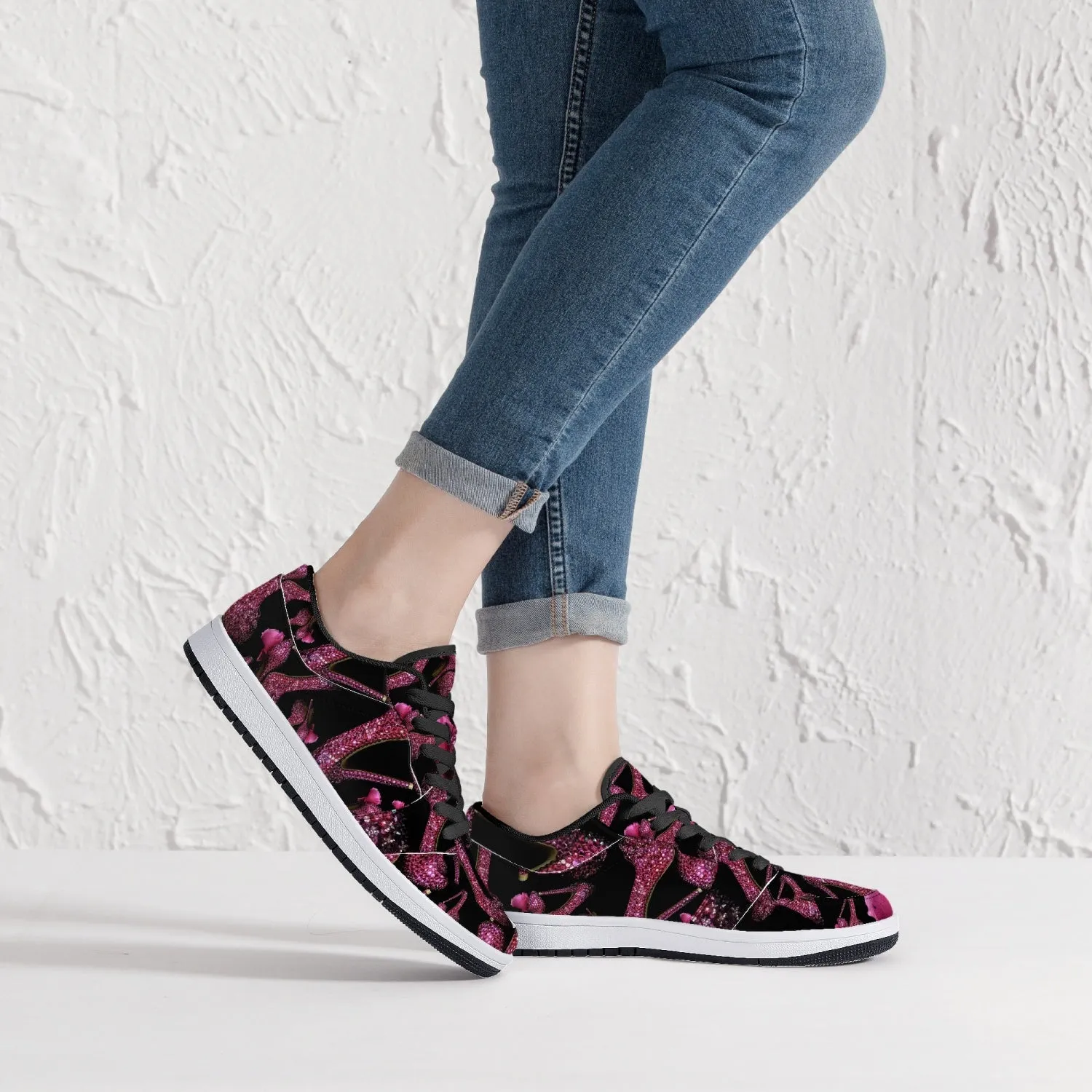 Low-Top Leather Sneakers - White/Black 'Pink crystals shoes'