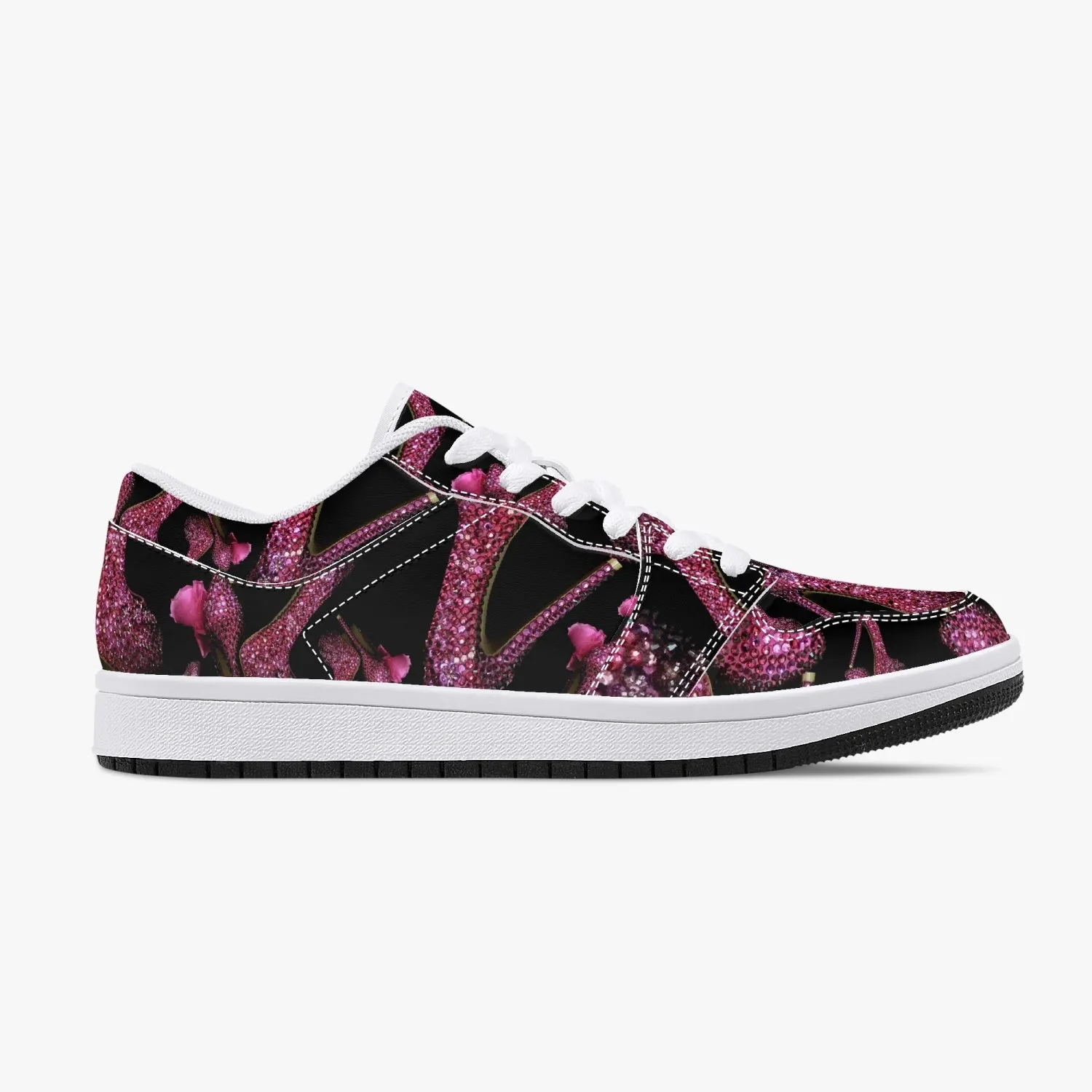 Low-Top Leather Sneakers - White/Black 'Pink crystals shoes'