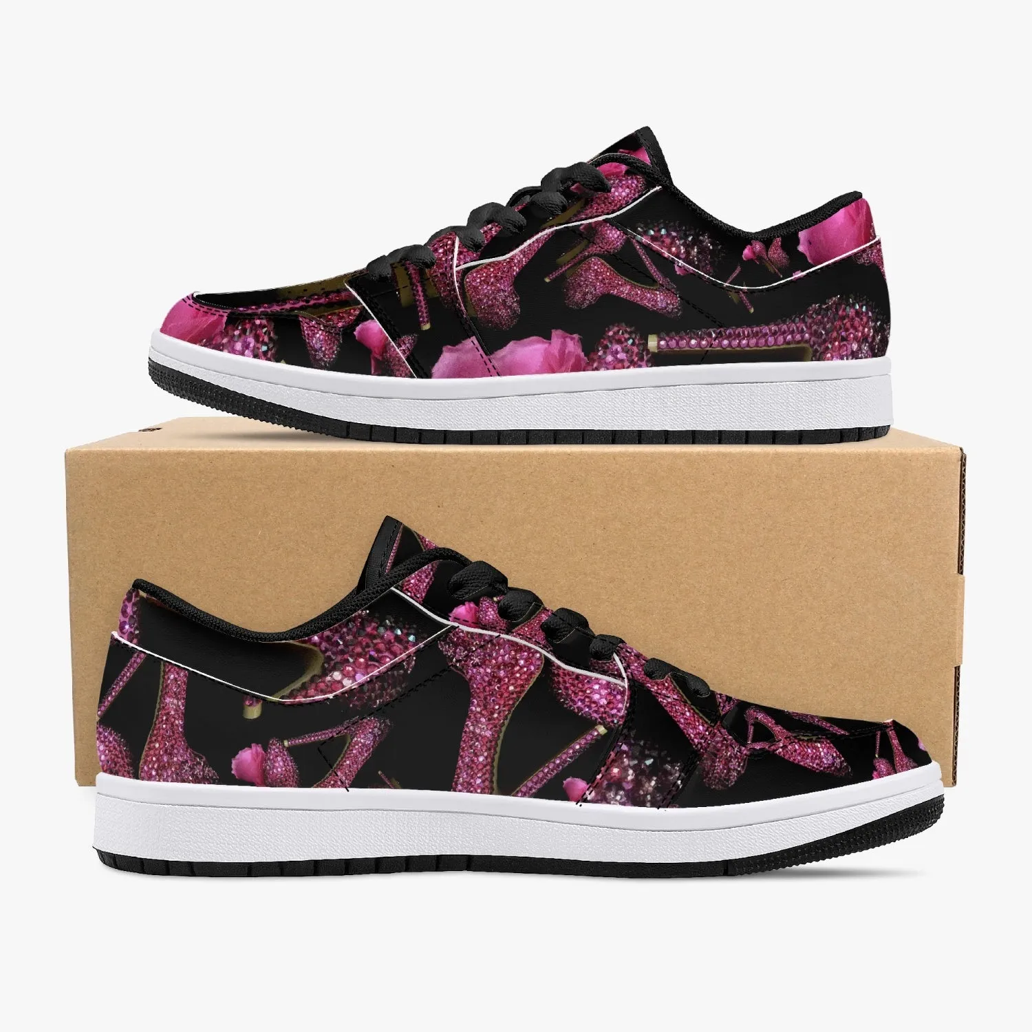 Low-Top Leather Sneakers - White/Black 'Pink crystals shoes'