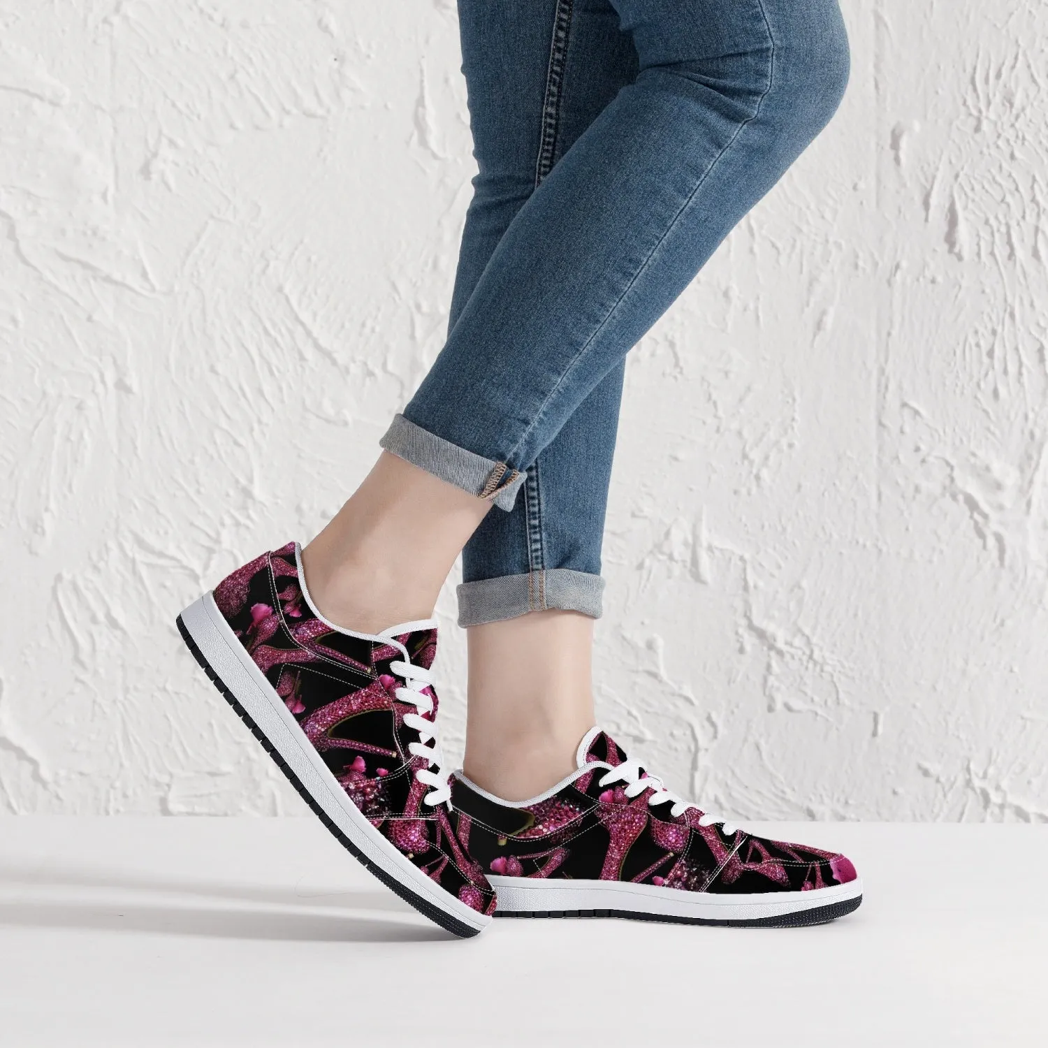 Low-Top Leather Sneakers - White/Black 'Pink crystals shoes'