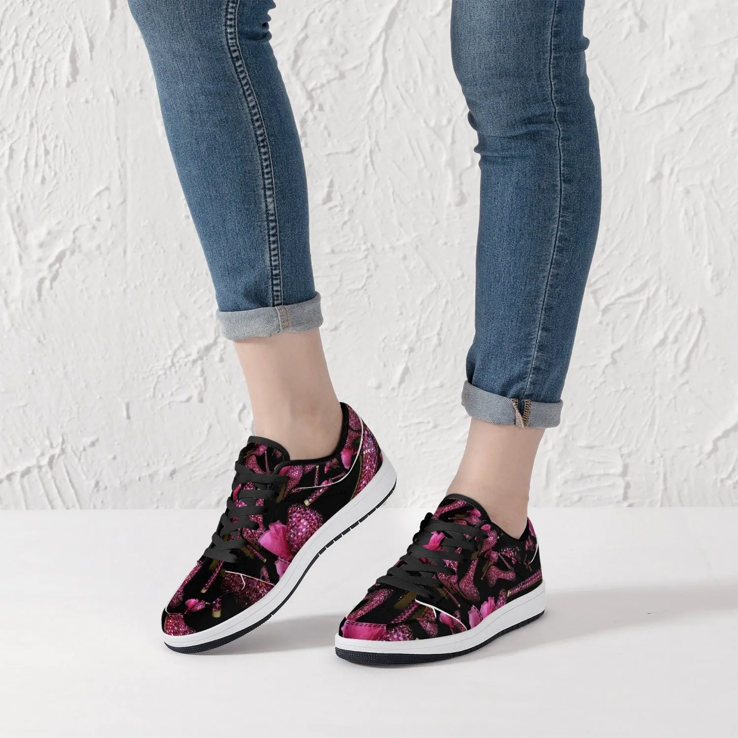 Low-Top Leather Sneakers - White/Black 'Pink crystals shoes'