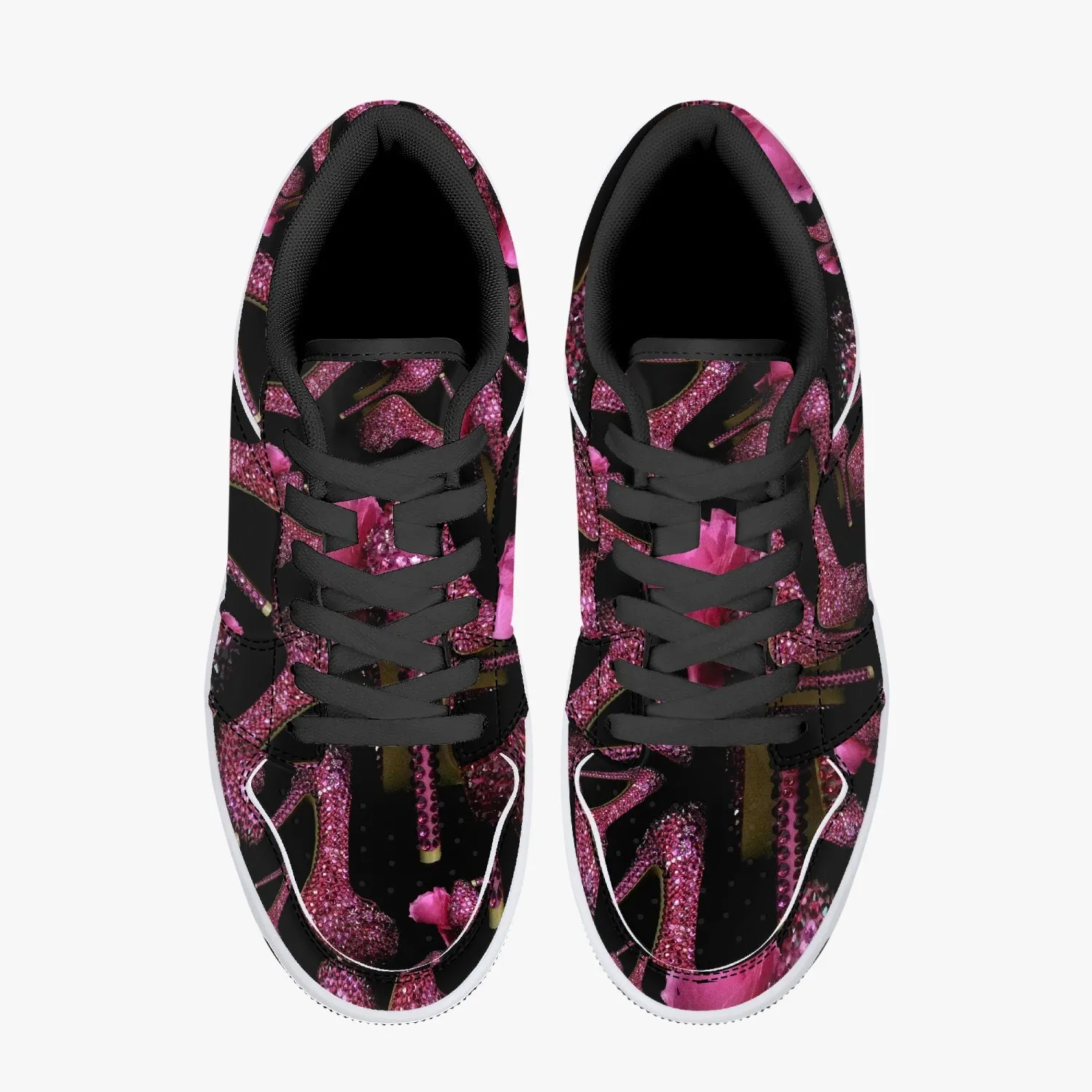 Low-Top Leather Sneakers - White/Black 'Pink crystals shoes'