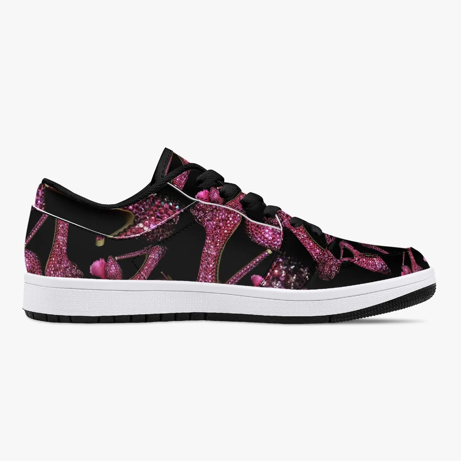 Low-Top Leather Sneakers - White/Black 'Pink crystals shoes'