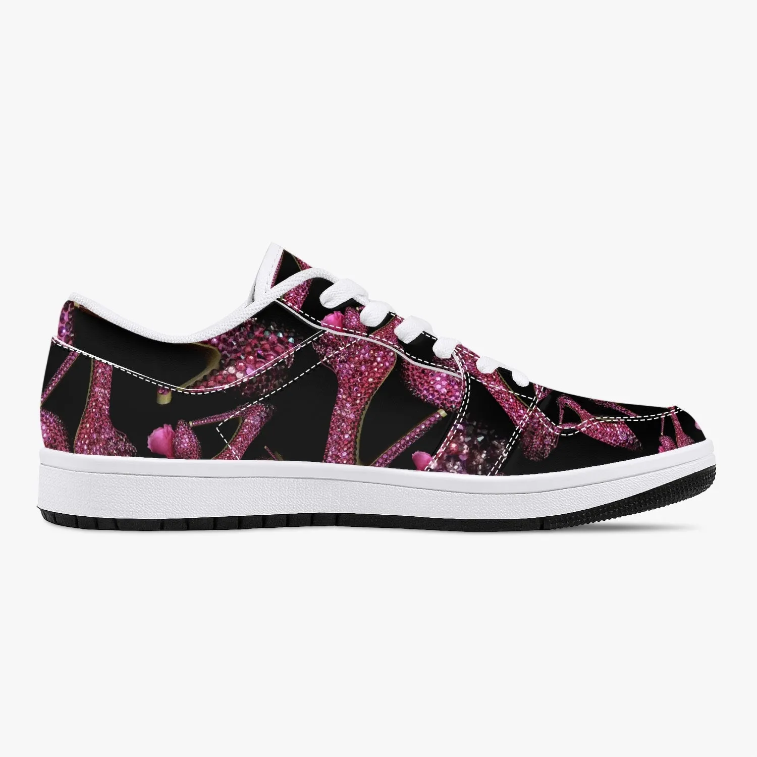 Low-Top Leather Sneakers - White/Black 'Pink crystals shoes'