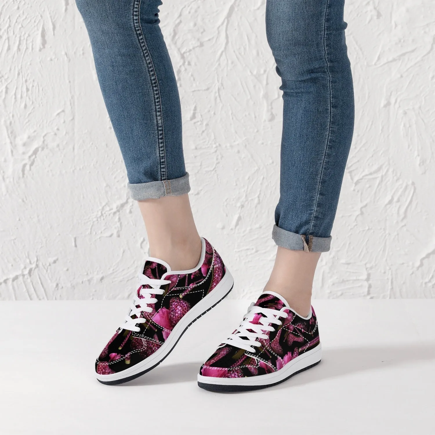 Low-Top Leather Sneakers - White/Black 'Pink crystals shoes'