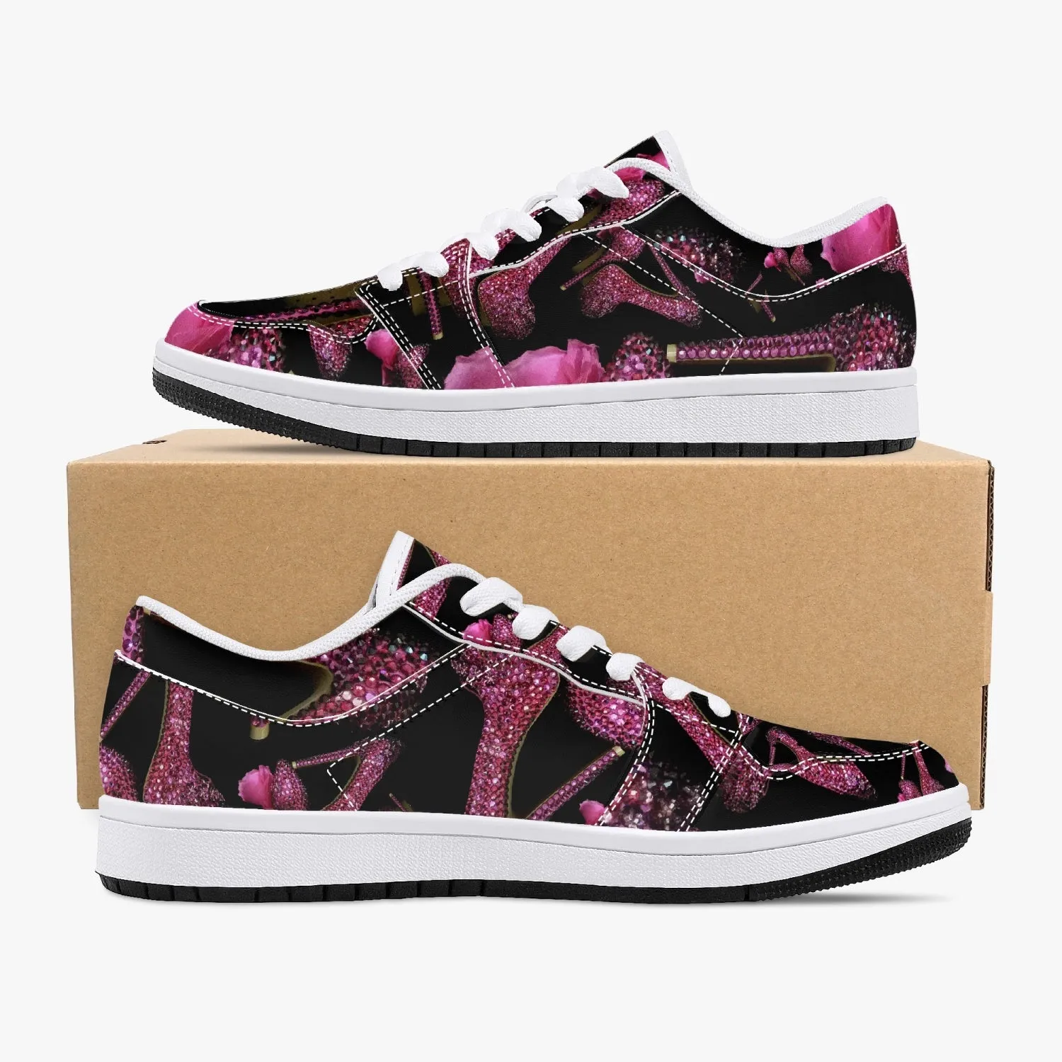 Low-Top Leather Sneakers - White/Black 'Pink crystals shoes'