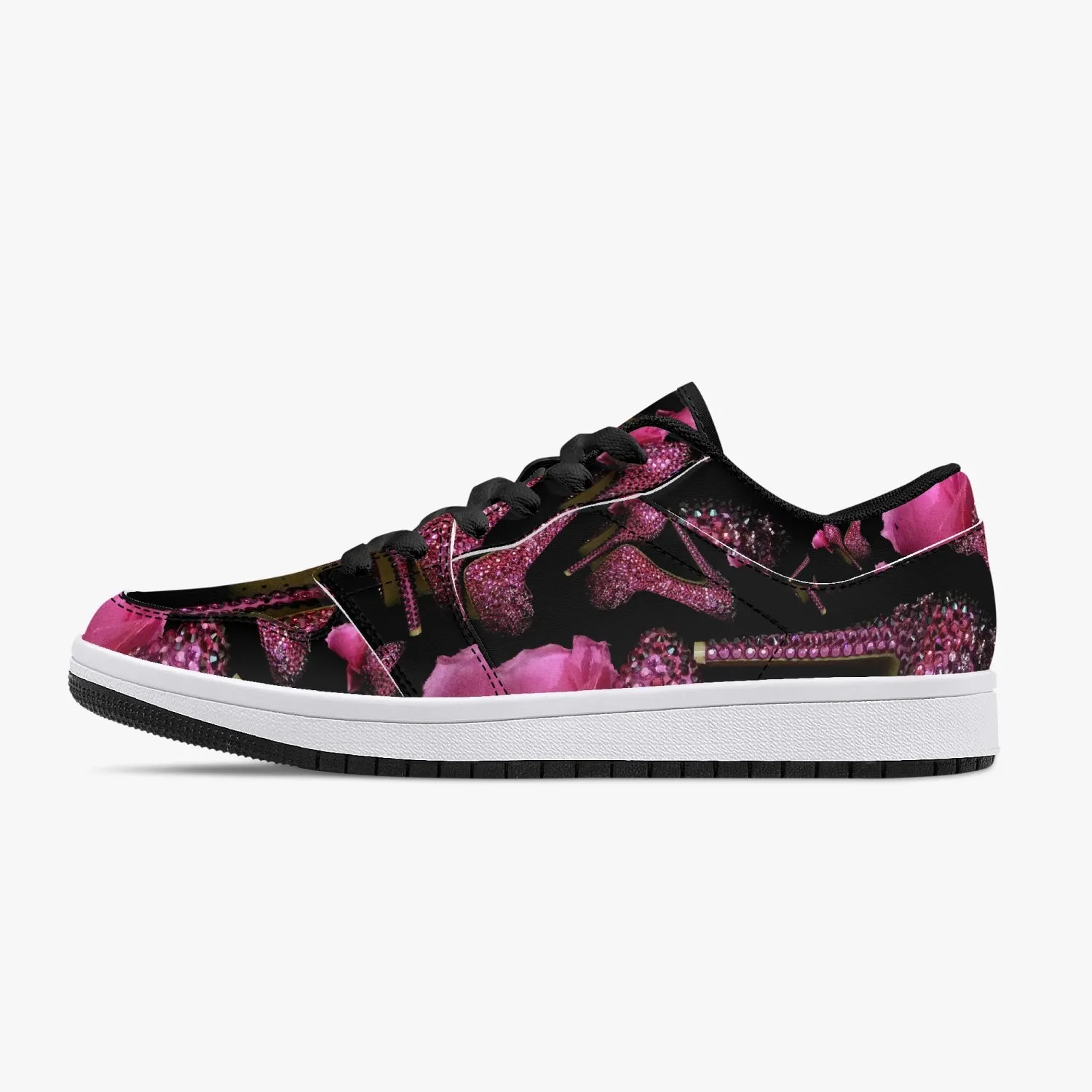 Low-Top Leather Sneakers - White/Black 'Pink crystals shoes'