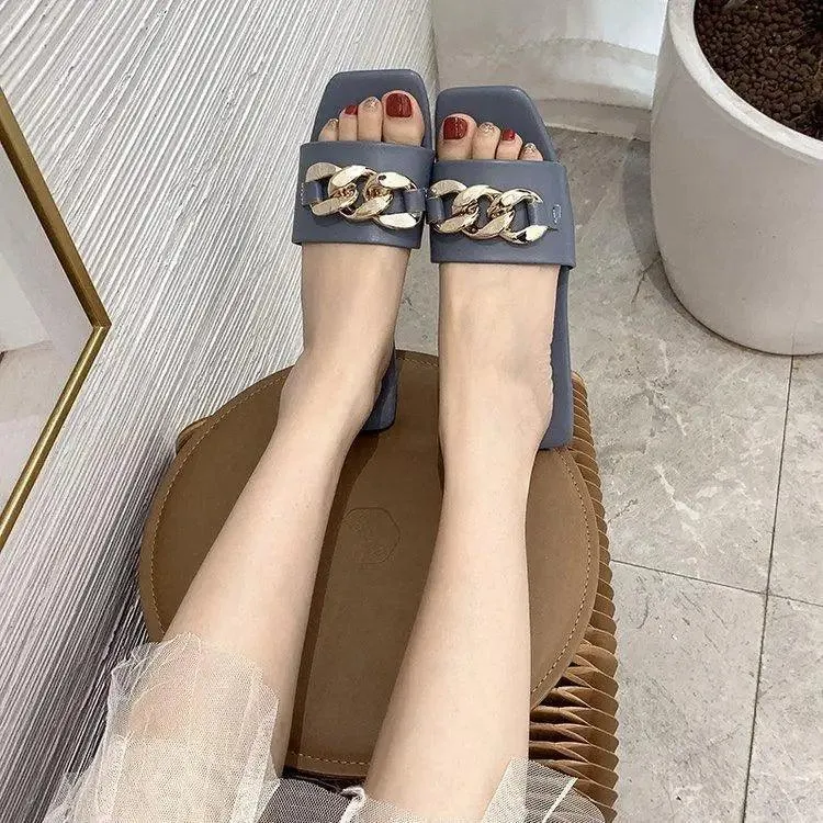 Luxury Women Summer Slipper Square Toe Chain Slippers Fashion Open Toe Metal Chain Beach Shopping Party Flip Flops For Women