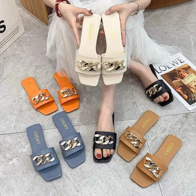 Luxury Women Summer Slipper Square Toe Chain Slippers Fashion Open Toe Metal Chain Beach Shopping Party Flip Flops For Women