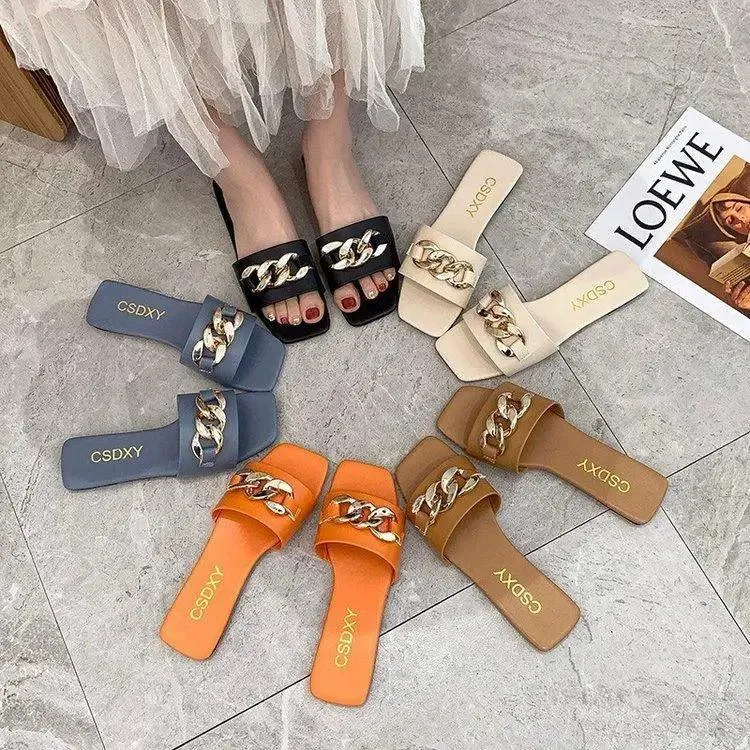 Luxury Women Summer Slipper Square Toe Chain Slippers Fashion Open Toe Metal Chain Beach Shopping Party Flip Flops For Women