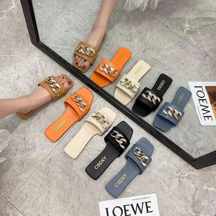 Luxury Women Summer Slipper Square Toe Chain Slippers Fashion Open Toe Metal Chain Beach Shopping Party Flip Flops For Women