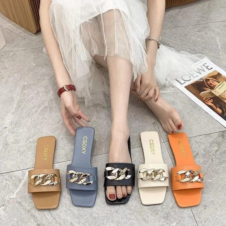 Luxury Women Summer Slipper Square Toe Chain Slippers Fashion Open Toe Metal Chain Beach Shopping Party Flip Flops For Women