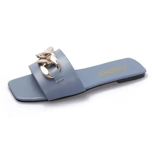 Luxury Women Summer Slipper Square Toe Chain Slippers Fashion Open Toe Metal Chain Beach Shopping Party Flip Flops For Women